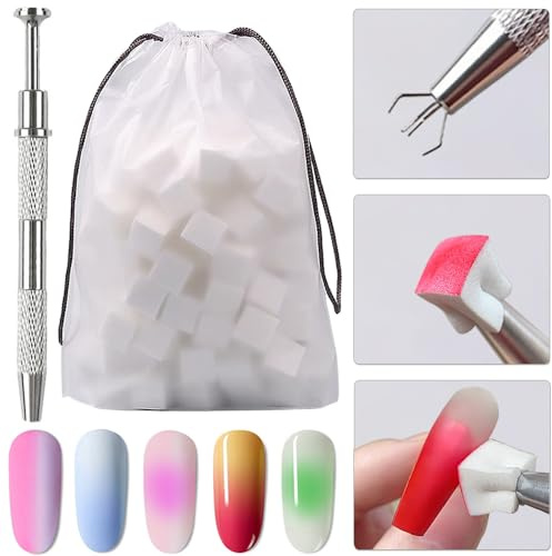1 Stück 4 Krallen Nail Sponge Metall-Greifer,50 Stück Mini Ersetzbar Nagelschwämme Blöcke Maniküre Blusas Gradient Nail Art Schwamm Strass Steine Greifer Nail Art Tools für Nageldesign Nägel Zubehör