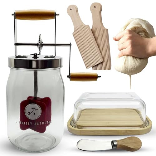 Butter Churner Set – Includes Glass Dish with Lid, Cheesecloth, Wooden Paddles & Knife Spreader – Butter Churn - Make Homemade Butter Fast & Easy