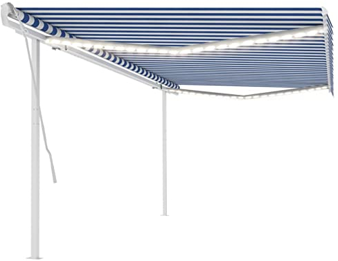 Homgoday Tenda da sole retrattile manuale con braccio articolato a LED, tenda da sole da balcone, parasole regolabile in altezza e angolazione, per terrazza, balcone, 5 x 3,5 m, blu e bianco