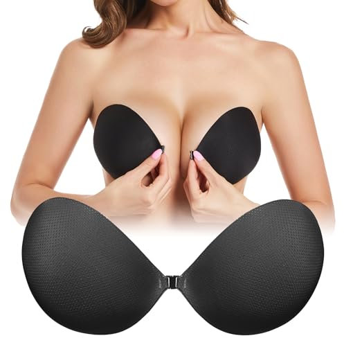 FallSweet Backless Sticky Bra for Women Strapless Invisible Adhesive Bras for A to F Cup(Black,B)