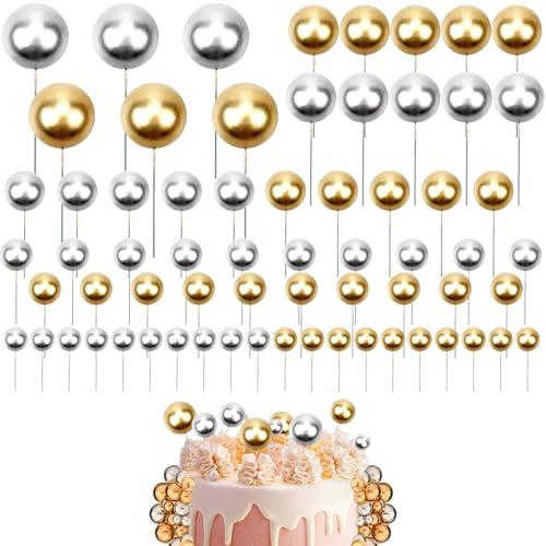 66 Pieces Mini Balloon Cake Topper Foam Ball Cake Picks | Cupcake Pearl Balls | DIY Cake Insert Topper | Baking Decoration for Christmas, Anniversary, Birthday, Baby Shower | Gold, Silver
