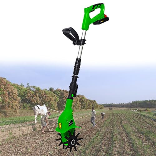 Cultivateur Rotatif sans Fil,Motobineuse Jardin Alimentée par Batterie,Outil Culture Télescopique pour Ferme de Pelouse,Motoculteur Manuel pour Mélanger Le Sol ou Réensemencer l'herbe,Green
