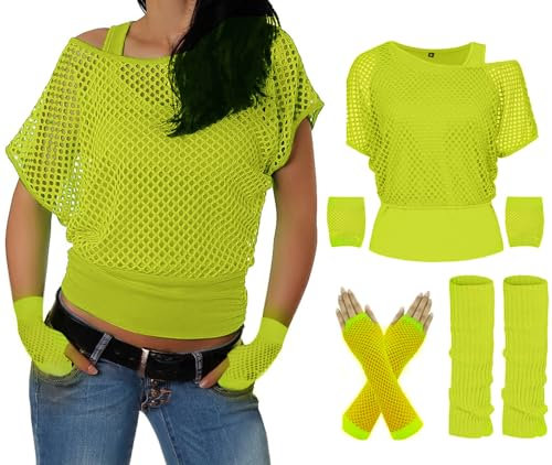 ELFIN 80er 90er Jahre Outfit Damen, Netzshirt, Tank top, Beinwärmer, Netzhandschuhe, 80er Jahre Netzoberteil Damen Tops Neon Shirt, 80er Kostüm Aerobic Kleidung Mottoparty Accessoires, Neongrün, M