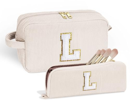 Parima Kosmetiktasche Damen Mädchen - 2 Stück Cord Make Up Tasche Kulturtasche Damen Personalisierte Geschenke Geburtstagsgeschenk für Frauen Mädchen Personalisierte Kosmetiktasche mit Buchstaben L