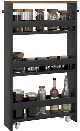 HOMCOM Aufbewahrungsregal Aufbewahrungswagen mit Rollen, 3 Ebenen zur Aufbewahrung und Griff, Maße: 51,5 x 13 x 80 cm, für Küche, Badezimmer, Büro, Schwarz
