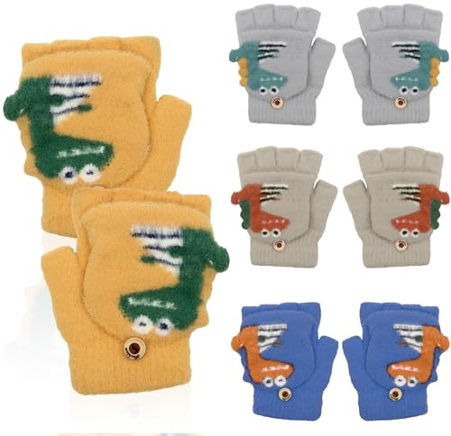 VEGCOO 4 Pares Guantes de Invierno para Niños, Guantes Convertibles sin Dedos, Guantes Cálidos de Invierno para Niños y Niñas de 3 a 8 Años