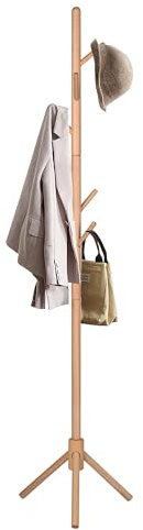 Perchero De Pie Madera de Haya Natural Con 8 Ganchos Estilo Árbol Minimalista | Colgador Ropa Sombreros Bolsos Fácil Montaje | Organizador Entrada Dormitorio Salón Oficina Compacto Estable Ligero