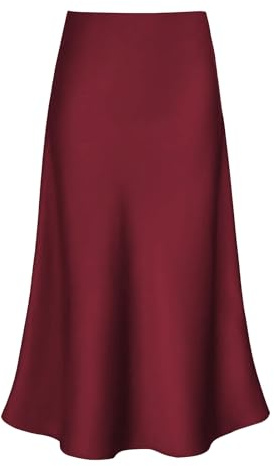 Modegal Damen-Midirock aus Satin, hohe Taille, versteckter elastischer Bund, ausgestellt, lässig, A-Linie, Weinrot, Klein