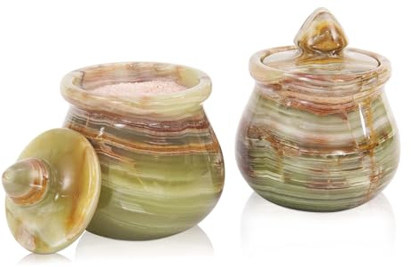 Saltbehållare i marmor, set om 2, 8,9 cm, handgjord saltlösning av grön onyx, sockerbehållare, saltlösning och saltlösning för bänkskiva, saltlösning