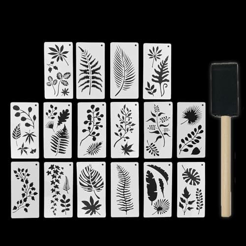 Lot de 16 pochoirs réutilisables pour peinture murale avec 1 brosse éponge noire avec manche en bois, en bois, décoration murale