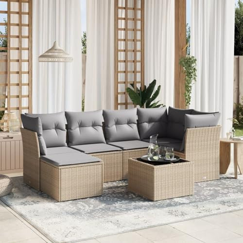 Somanki 7-TLG. Garten-Sofagarnitur mit Kissen Beige Poly Rattan, Lounge Gartenmöbel Set, Möbelsets, Balkon Möbel, Gartenlounge, Gartensofa - 3263185
