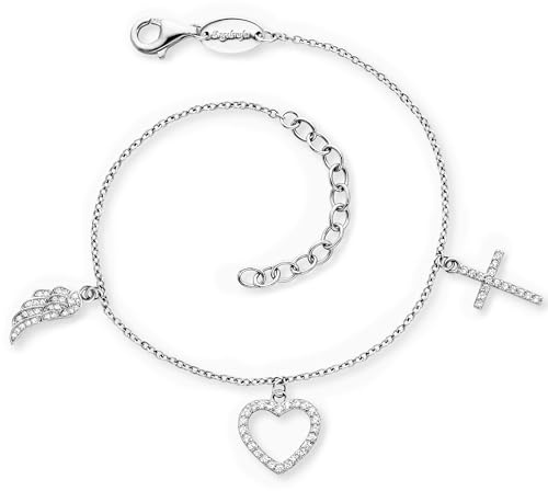 Engelsrufer Damen Armband aus Sterling Silber mit Zirkonia und Anhänger - Kreuz Herz Engelsflügel - Karabinerverschluss - längenverstellbar - nickelfrei