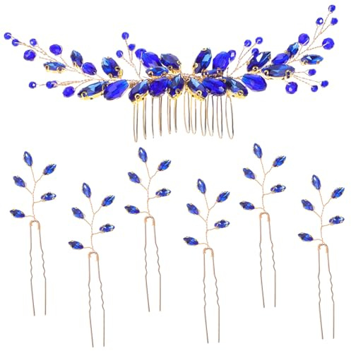 Kristall Haarkamm Schmuck mit Strass, Blau, 7 Stück | U-förmige Kämme, Blattförmige Akzente, für Braut und Brautjungfer bei Hochzeiten