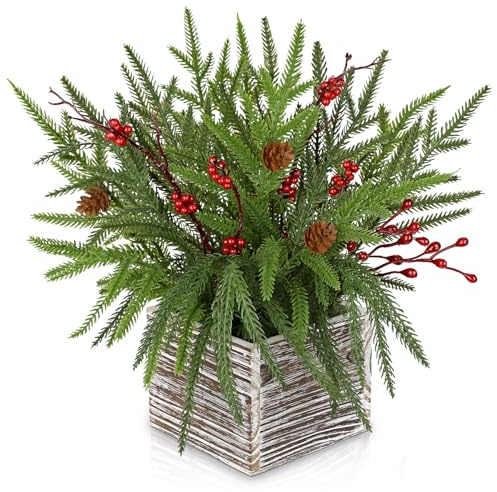 Arborus Planta de Navidad en Maceta de 27,4 cm Decoraciones de Centro de Mesa de Navidad Planta de Pino Norfolk con Bayas Rojas y Piñas Planta de Navidad en Maceta de Madera para Centro de Mesa de