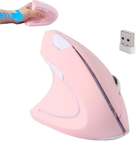 Ratón inalámbrico, ergonómico, vertical, silencioso, portátil, para zurdos, con receptor USB de 2,4 GHz, para ordenador portátil, PC, regalo para niños, niñas, mujeres, alivia el dolor de muñeca (rosa