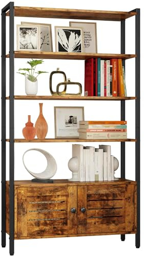 IRONCK Bücherregal mit Türen, Standregal 5 Ebenen mit Rollen, Regal Holz Metall, Industriell Bücherschrank mit verstellbaren Ablagen, Bookshelf für Wohnzimmer, Büro, Küche, Arbeitszimmer