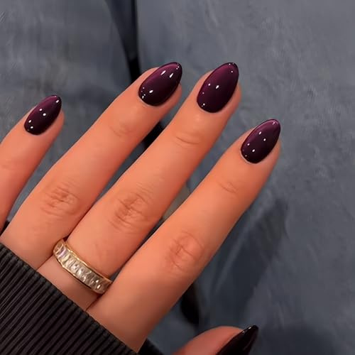 SXVME Soft Gel Press on Nails Extra Short Oval, 30 Pcs Dark Purple Cat Eye False Nails Short Almond, Sparkly Glitter Black Fake Nails Set, Reusable Shiny Bling Stick on Nail for Women Small Sizes