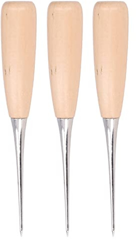 ANKROYU 3 PCS Leather Awl, Wooden Handle Awl Punch Tool, Hardness Steel Needle for Leather, Paper, Cloth, Wood Plastic