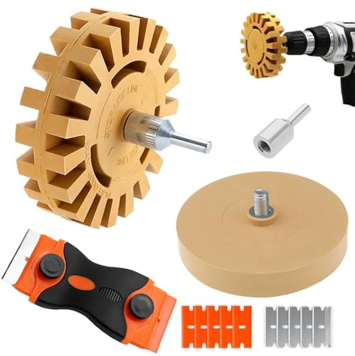 2 Stück Folienradierer (Ø100 mm & Ø88 mm), Aufkleber Entferner mit Klebstoffentfernungsklinge 10 Kunststoffklinge und Adapter, Radierscheibe von Folien und Kleberesten am Fahrzeug (3,5 Zoll + 4 Zoll)