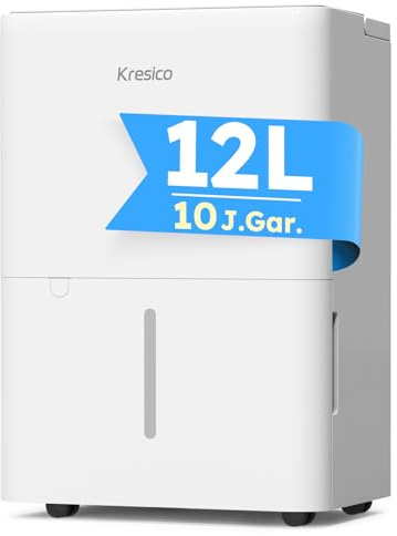 Kresico Luftentfeuchter elektrisch 12L, Entfeuchter elektrisch, Luftentfeuchter Keller für Räume bis zu 122m³/25m², Raumentfeuchter elektrisch 35dB mit Ablaufschlauch, Filter, Timer, 10 J. Gar.