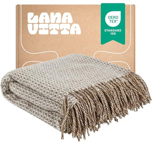 Lanavitta – Halbwolldecke „Milena“ – Warme Sofadecke & Plaid – Kuschelige Tagesdecke, Couchdecke & Bettüberwurf aus 20% Wolle & 80% Polyester – Hellbeige – 170х210