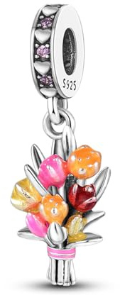 YIXUAN Pink Flower Bouquet Charms 925 Sterling Silver Beads for Pandora Bracelet Dangle Pendant for Necklace Bracelet Christmas Happy Jewelry Gifts