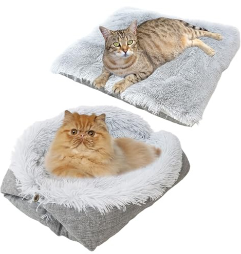 JcvPot Katzenbett Flauschig, 2-in-1 Katzenkissen Und Katzenkorb, Weiches Katzenbettchen Mit 38 X 38 cm, Waschbarer Katzenschlafplatz Für Kleine Hunde Und Katzen, Grau, Vakuumverpackt