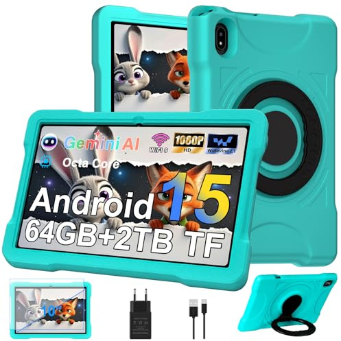 Android 15 Tablette 10 Pouces avec 30Go RAM+TF 2To,Octa-Core/GMS,Gemini AI/Widevine L1,WiFi 6/Bluetooth 5.0,5MP+8MP/FHD IPS,Contrôle Parental Tablette Éducative avec EVA Cas+360° Rotatif Support-Vert
