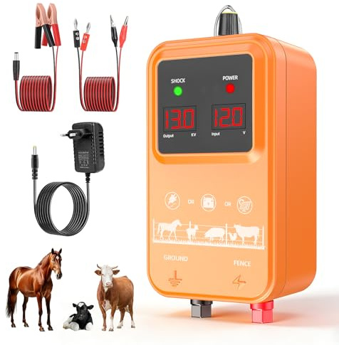 15KM Cerca Eléctrica para Ganado y Animales, Electrificador de Cerca Ajustable 7-13KV 2.0J de Alta Potencia, Protección Completa para Caballos, Ovejas, Perros, Pastos, Granja y Jardín (Naranja)