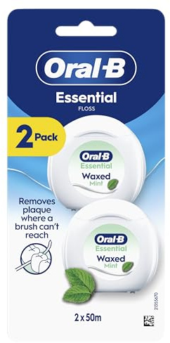 Oral-B Essential Floss - Removes Plaque - Waxed Dental Floss for Tight Spaces - Shred-Resistant - Mint - 2x50M Roll