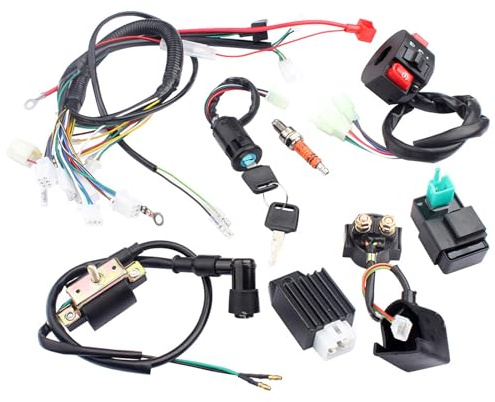Kit complet de faisceau de câbles pour 50-125 cc ATV/Quad/moto, serrure d'allumage avec clé CDI Bobine d'allumage Relais Régulateur Interrupteur Bougie d'allumage Quad Remplacement pour Dirt Bike