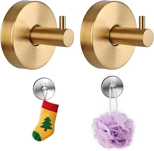 2 ganci a ventosa in acciaio inox, impermeabili, senza trapano, resistenti ganci per doccia, bagno, cucina, porte in vetro, finestre, decorazioni per feste/ghirlande (fino a 10 kg), colore: oro
