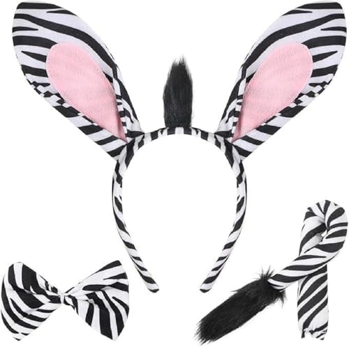 HWZENQZ 3Pcs Animal Costume Set,Zebra/Leopard/Giraffe/Rooster, Ears Headband, Bow Tie & Tail, Halloween, Carnival, Cosplay