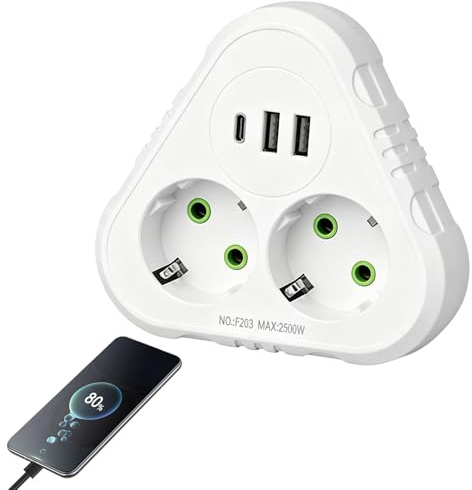 Multiprise Murale Double Prise avec 2 Ports USB et 1 Type C, Adaptateur Secteur 2500W 10A, Multiprise Parafoudre et Surtension Compacte pour Maison Bureau Voyage (Blanc)