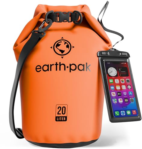 Earth Pak -Waterproof Dry Bag - Roll Top Dry Sack Keeps Gear Dry for Boating, Hiking, Camping and Fishing with Waterproof Phone Case (Orange, 20L)