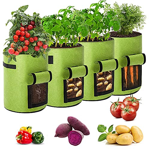 Airsnigi 10 Gallon Potato Grow Bags, 4 Pack Plant Grow Bags with Flap Window Handles Vegetable Growing Bag for Vegetables, Fruits, Garden, Outdoor, Green