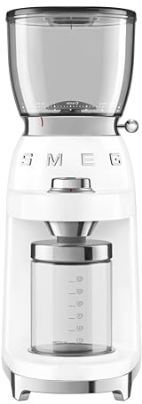 Smeg CGF01WHUK Coffee Grinder, Aluminium Construction, 50's Retro Style, 8 Programme Settings and 3 Grinding Grades, White