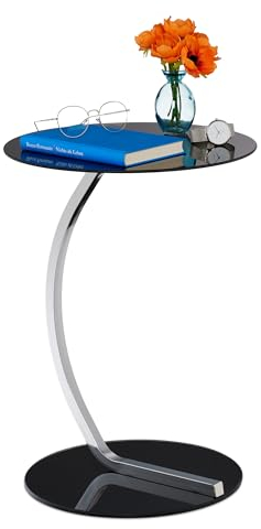 Relaxdays Beistelltisch, rund, für Wohnzimmer, modernes Design, Glas & Stahl, H x D: 55 x 40 cm, Couchtisch, schwarz