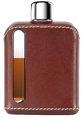 Ragproper Moderner Flachmann aus Glas – robuster Flachmann mit Lederbezug für Whiskey, Spirituosen und andere Liköre – ideale Glasflasche für Männer und Frauen (Single Shot 100 ml, Leder Dunkelbraun)