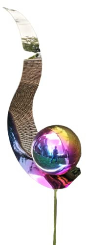 Jürgen Bocker Garten-Ambiente Gartenstecker Skulptur Flamme 146 cm Edelstahl poliert Lichtfang Rosenkugel mit Kugel Edelstahl Rainbow poliert