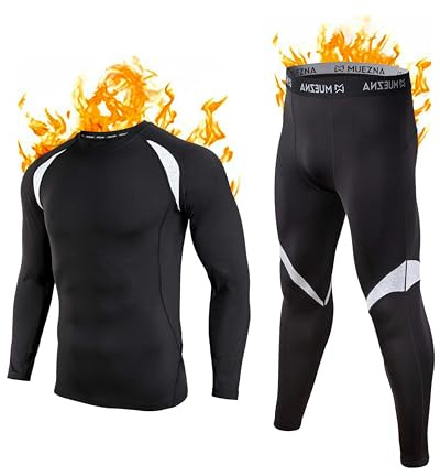 Muezna Men’s Long Johns Thermal Underwear Set, Top and Bottom Underwear Base Layer Soft Fleece Lined Black