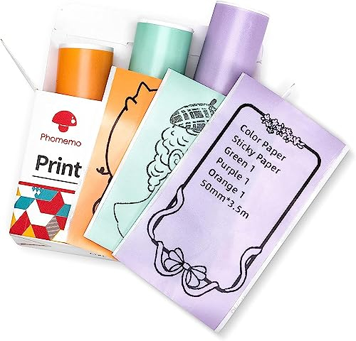 Phomemo T02/M02X/M02L/Q02 Color Sticker Paper for T02/M02X/M02L/Q02 Mini Pocket Printer, 3 Rolls of Self-Adhesive Thermal Color Sticker Paper, 53mm x 3.5m, 20 Years, Purple/Green/Orange