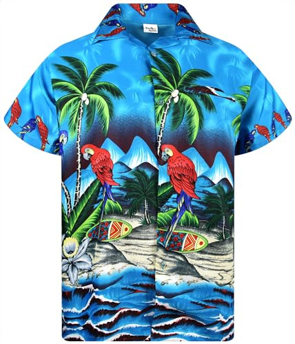 King Kameha Funky Hawaii-skjorta män kortärmad framficka palmer strand papegoja tryck, Papegoja turkos, L