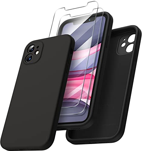 ORNARTO für iPhone 11 Hülle mit 2 Schutzfolien, Schwarz | Kamerashutz, Premium Flüssigsilikon, dünne Handyhülle, weich, griffig, tolle Haptik, stoß- und kratzfest, große Farbauswahl