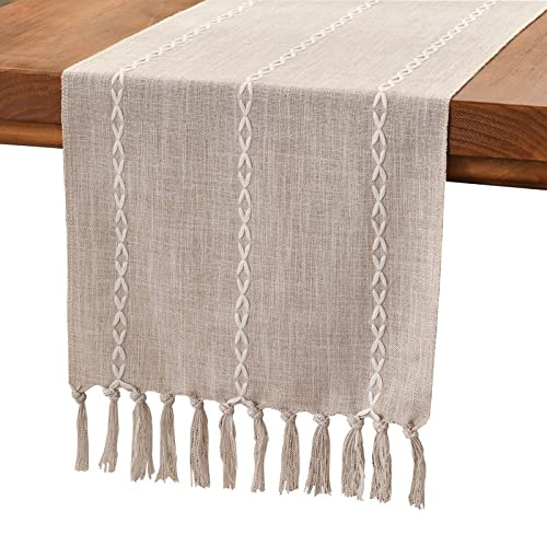 Wracra Tischläufer Kaffee Baumwoll Leinen,Tischläufer Modern Bauernhaus | 150cm, Gestickt Strukturiert, Boho Tischläufer Handquasten, Maschinenwaschbar, Esszimmer, Feiertage, Party, Wohnkultur