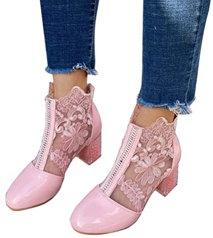 ORANDESIGNE Bottines Femme Été Ajourées Dentelle Sexy Bout Ouvert Chic Élégante Vintage Boucle Bottes Courtes Pas Cher À La Mode Grande Taille Sandales Casual Tendance A Rose 41 EU