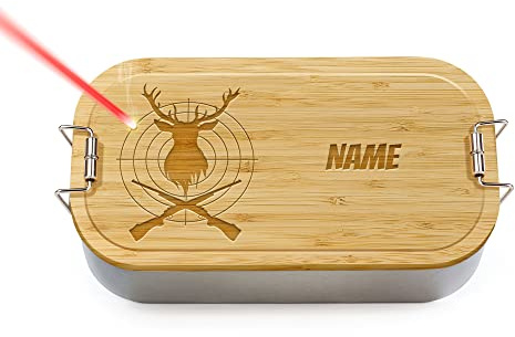 Print Royal PR Brotdose mit Gravur selbst gestalten - mit Name personalisieren - Geschenke für die Jagd, Jäger, Waidmann, Outdoor - Lunchbox, Holzdeckel, BPA-frei, 600 ml