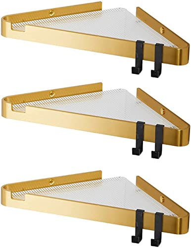 AKAZI Duschregal Eck-Badezimmer-Wandregal Duschregal ohne Bohren mit Haken Selbstklebender Raum Aluminium/Acryl für Toilette Badezimmer, Gold A, 1 Story (Golden B 3 Floors)
