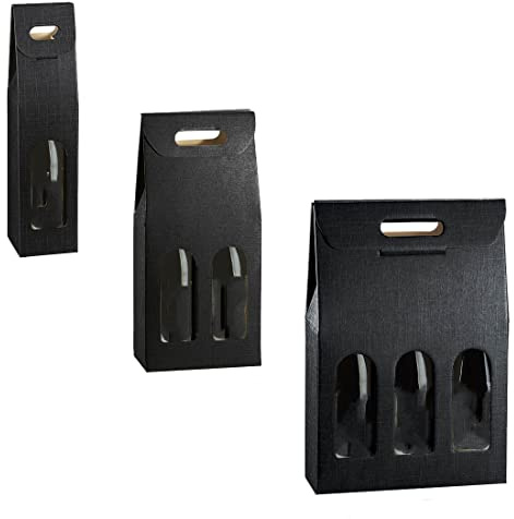 MAQA 3 pcs Boîte porte-bouteilles H 38,5 cm, Boîte porte-bouteilles en carton pour 1-2-3 bouteilles noir, sacs porte-bouteilles 3 Bottiglie