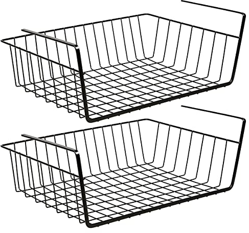 Taylor & Brown Under Shelf Storage Basket, 2-Pack Under Shelf Hanging Metal Wire Storage Basket Organizer for Kitchen, Office, Pantry, Bathroom, Cabinet (Black)